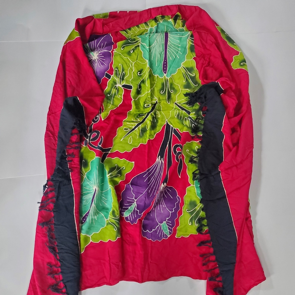 Floral Bright Pink Scarf with tropical flowers and black trim with fring…